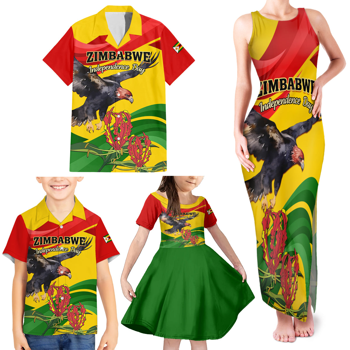 Zimbabwe Independence Day Family Matching Tank Maxi Dress and Hawaiian Shirt Chapungu Bird With Flame Lily - Wonder Print Shop