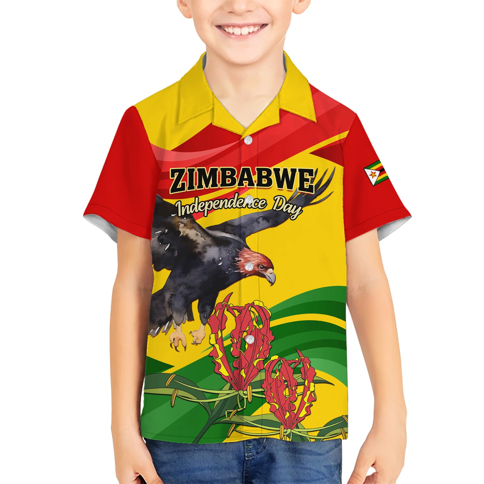 Zimbabwe Independence Day Kid Hawaiian Shirt Chapungu Bird With Flame Lily - Wonder Print Shop