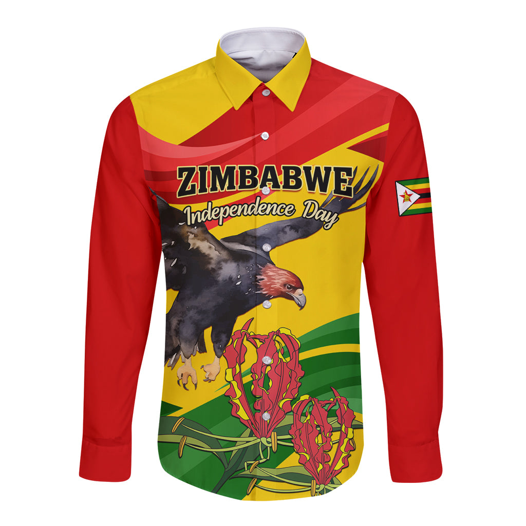 Long sleeve button shirt with bold Zimbabwe Independence Day front graphic, red/yellow/green