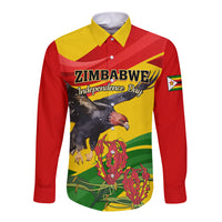 Long sleeve button shirt with bold Zimbabwe Independence Day front graphic, red/yellow/green
