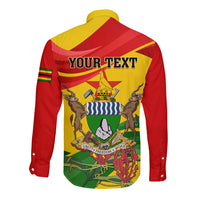 Long sleeve button shirt with back emblem and “YOUR TEXT” print, red/yellow/green