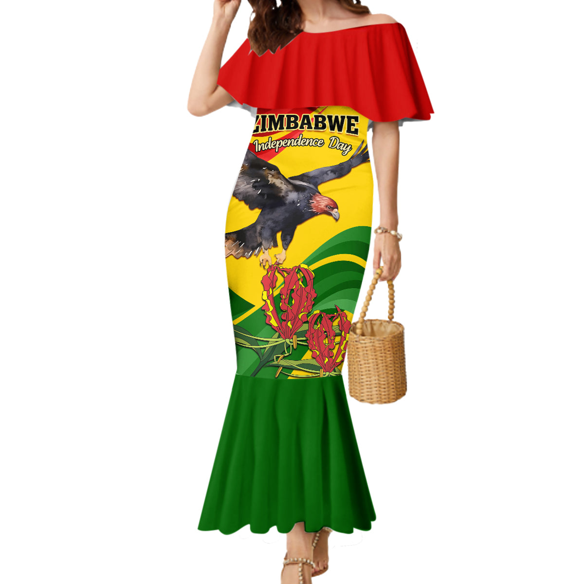 Zimbabwe Independence Day Mermaid Dress Chapungu Bird With Flame Lily - Wonder Print Shop