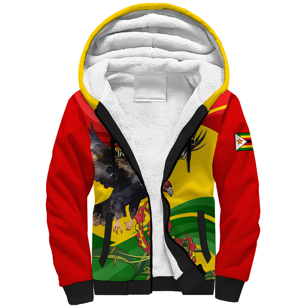 Zimbabwe Independence Day Sherpa Hoodie Chapungu Bird With Flame Lily