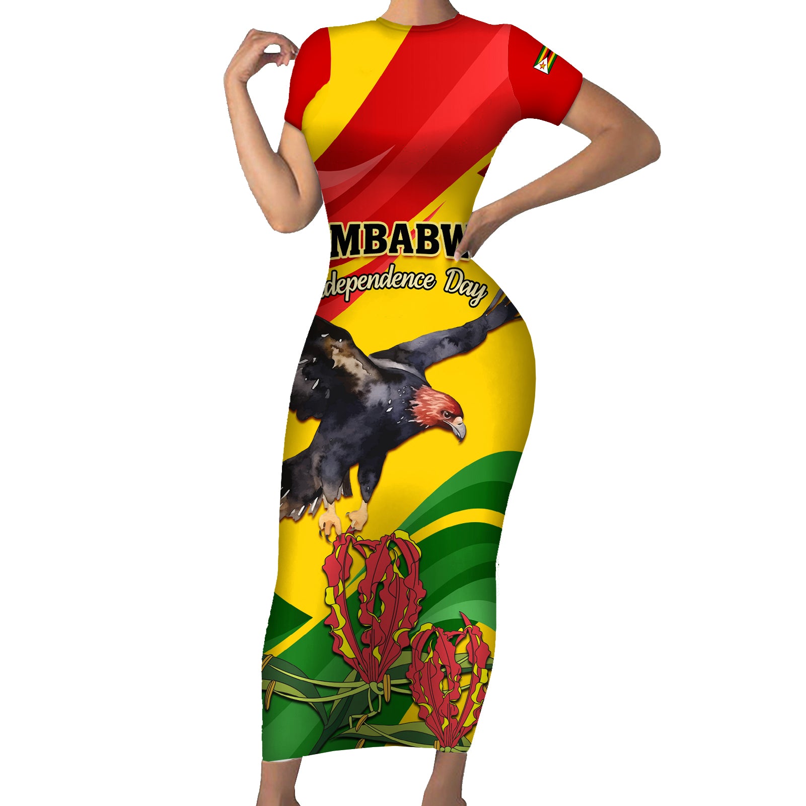 Zimbabwe Independence Day Short Sleeve Bodycon Dress Chapungu Bird With Flame Lily - Wonder Print Shop