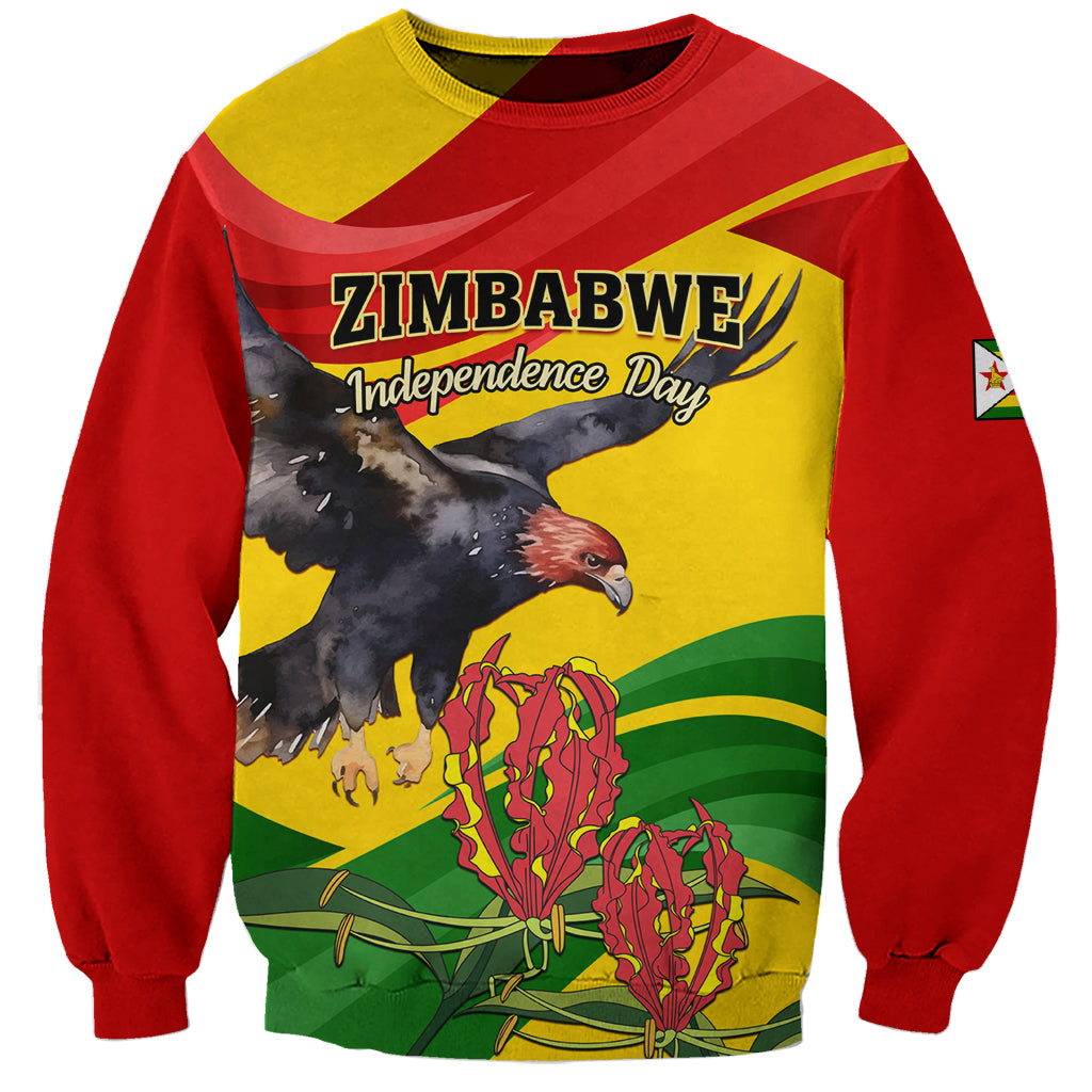 Unisex red sweatshirt with Zimbabwe bird and flame lily graphic, crew neck.