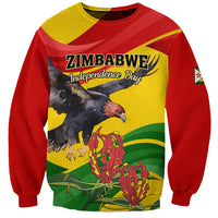 Unisex red sweatshirt with Zimbabwe bird and flame lily graphic, crew neck.