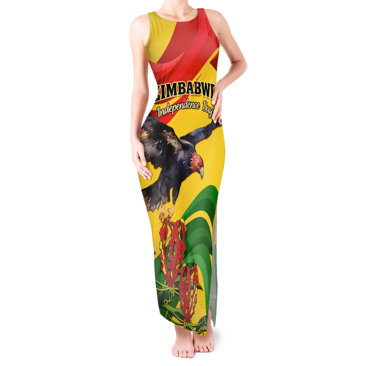 Zimbabwe Independence Day Tank Maxi Dress Chapungu Bird With Flame Lily - Wonder Print Shop