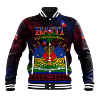 Black unisex baseball jacket with large Haiti flag graphic on front, snap buttons