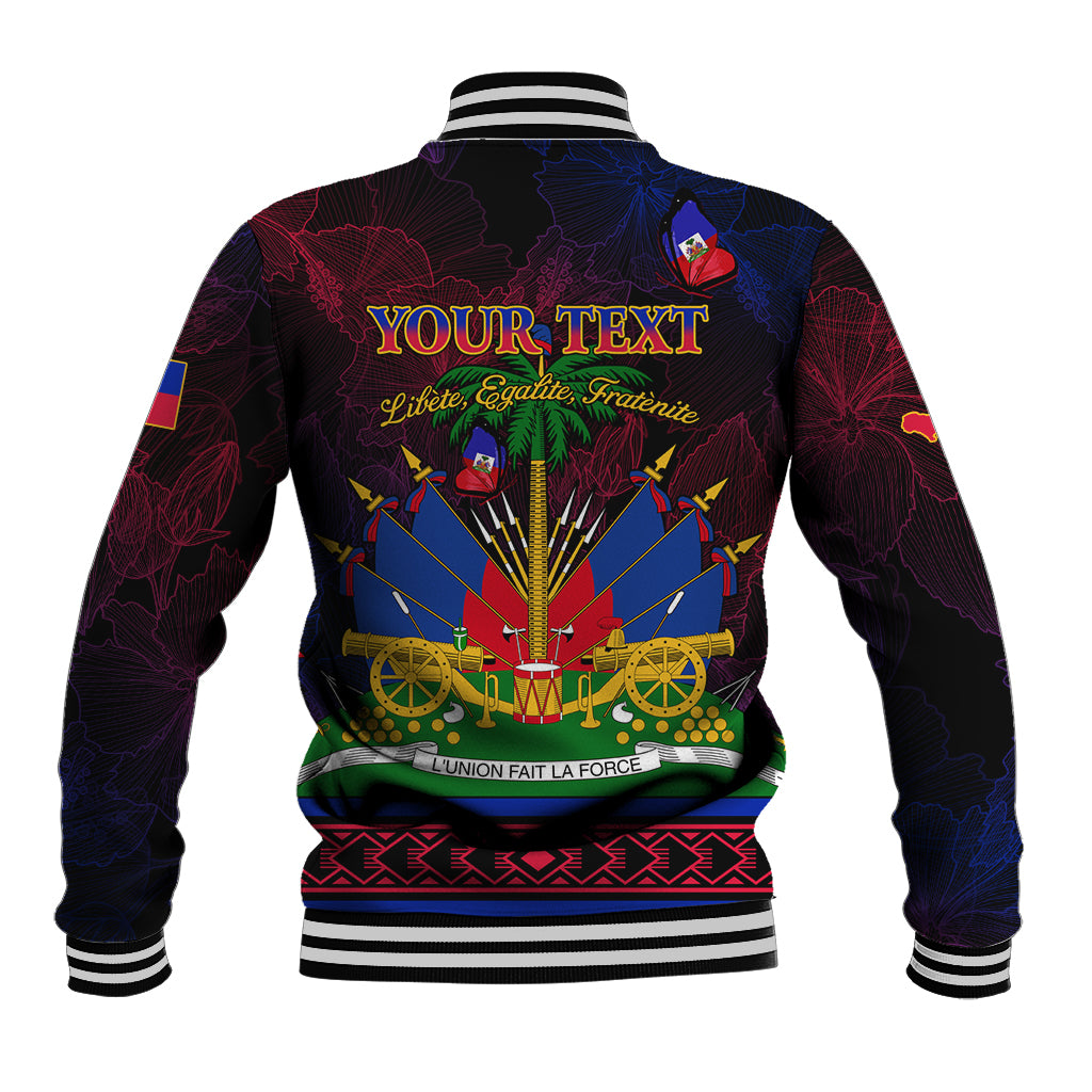 Black unisex baseball jacket with Haiti flag graphic on back, striped rib cuffs