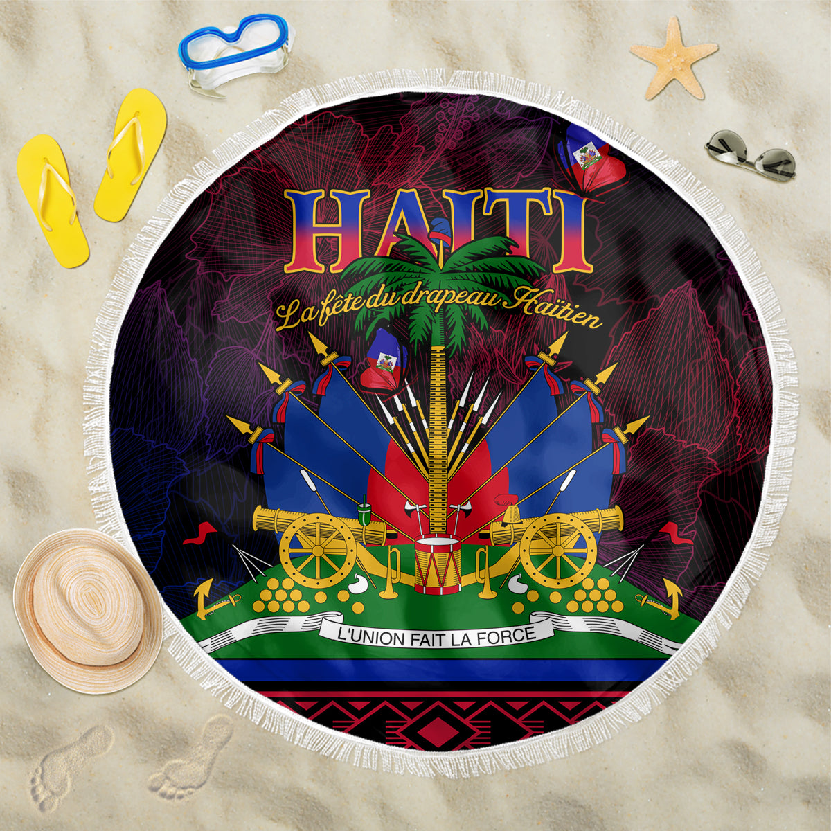 Round beach blanket with fringed edge and colorful Haitian-themed HAITI emblem graphic