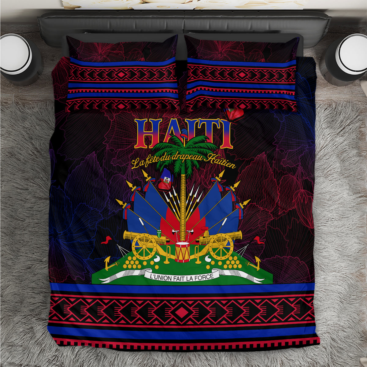 Haitian flag themed bedding set: dark red and blue duvet with 2 matching pillowcases