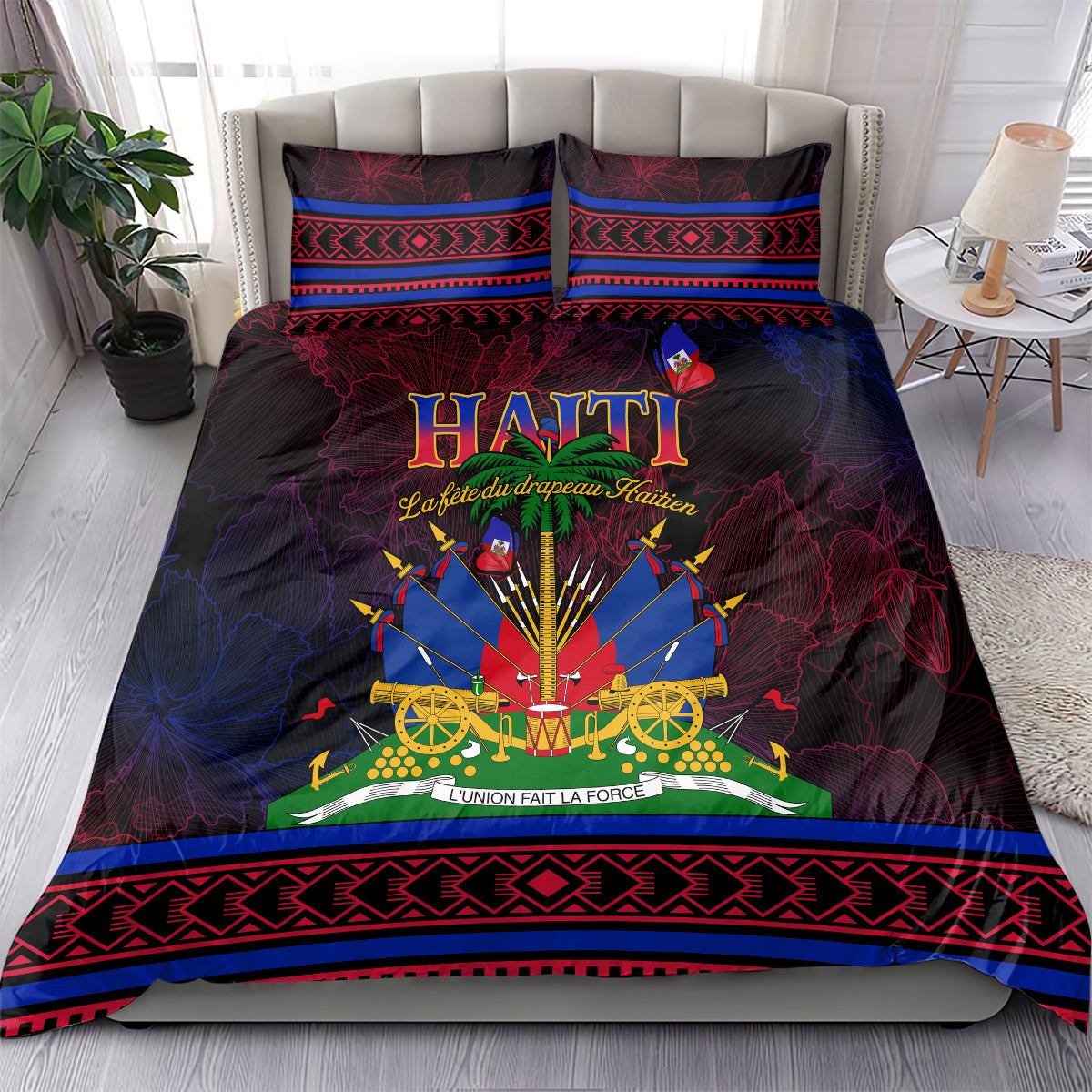 Haitian flag themed bedding set with red-blue duvet featuring “HAITI” and 2 pillowcases