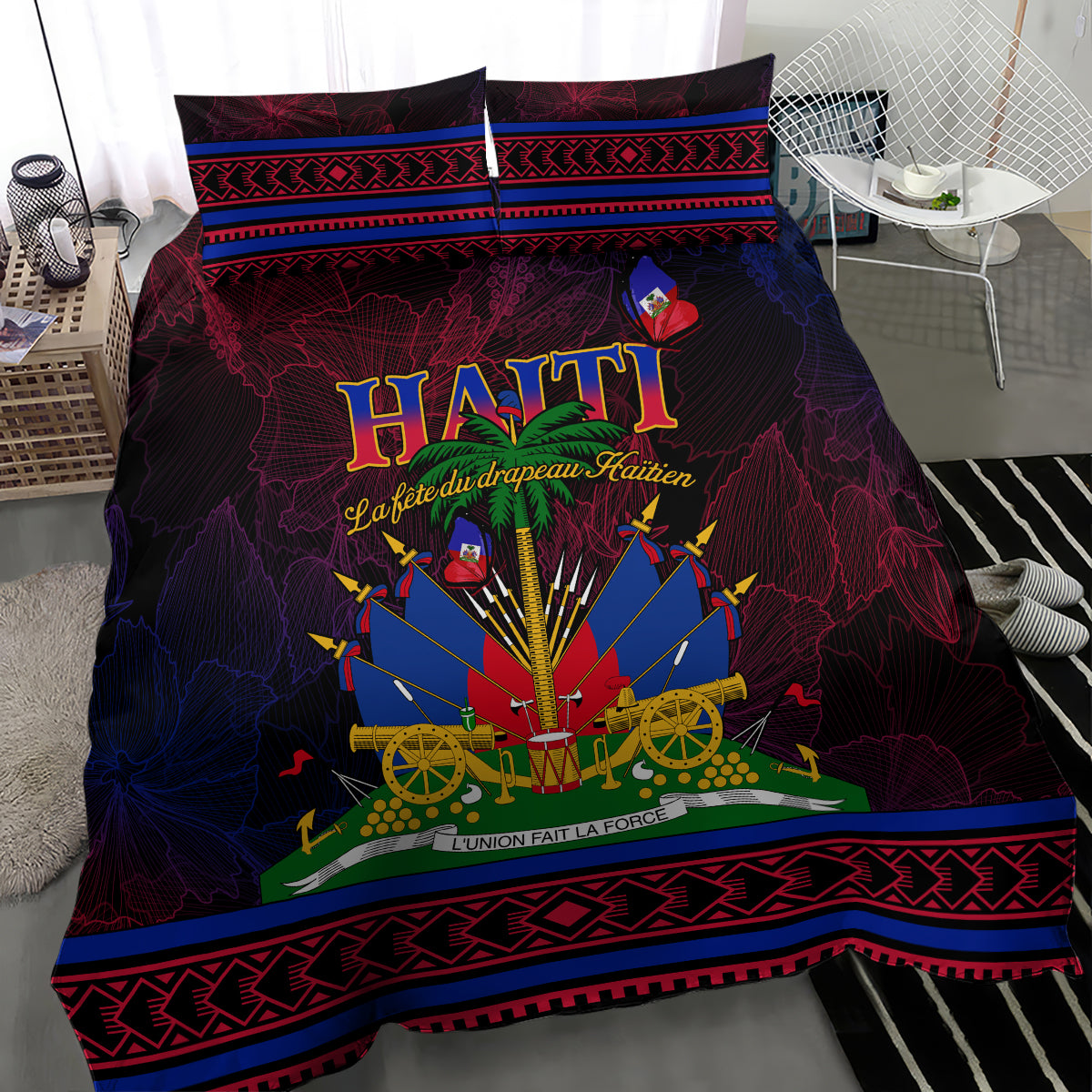 Haitian flag themed duvet with large “HAITI” graphic, dark red and blue trim, 2 pillows