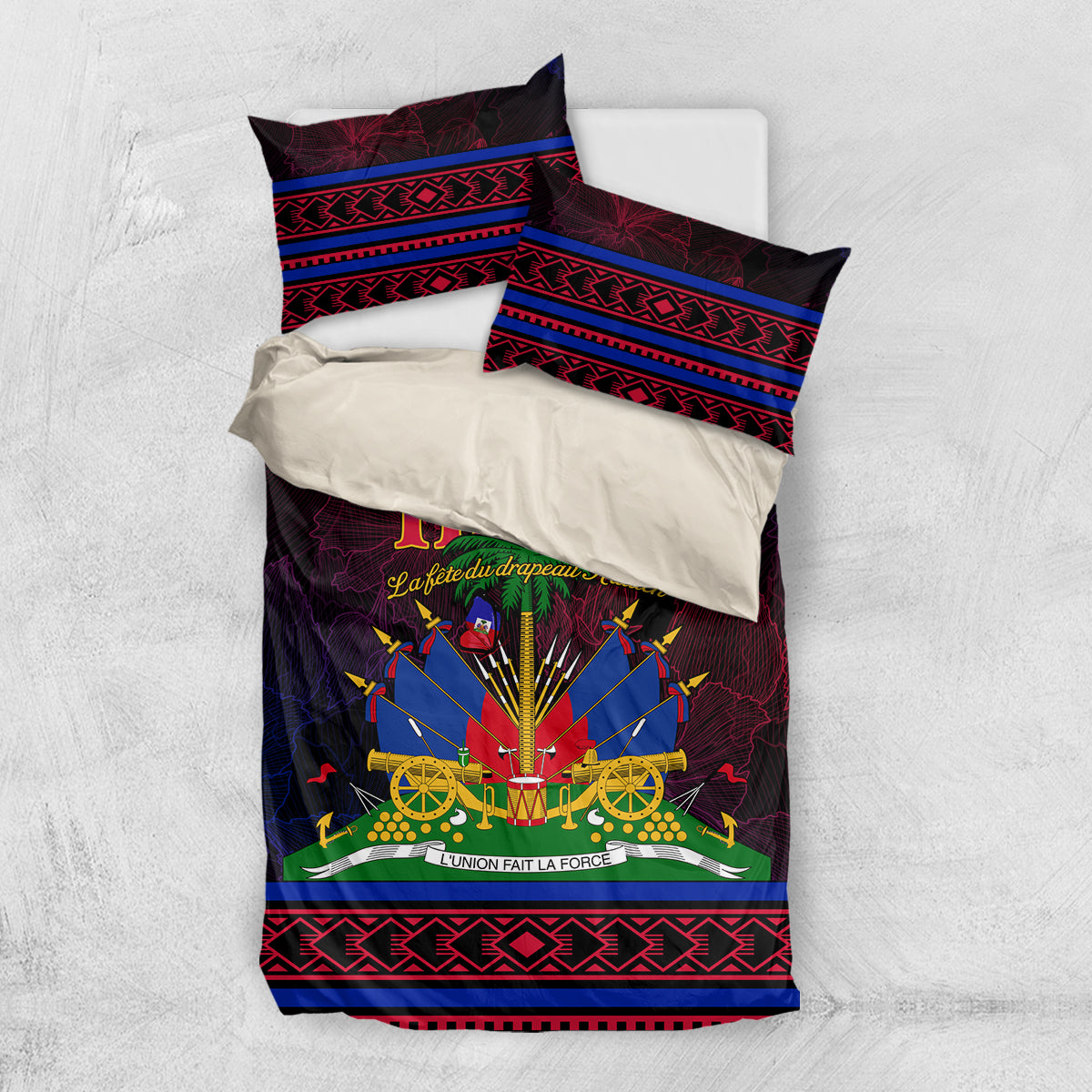 Haitian flag themed bedding set flat lay: dark red and blue duvet with 2 pillowcases