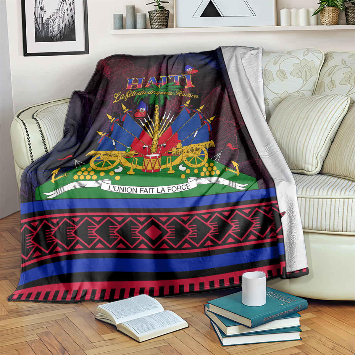 Haitian flag day blanket in navy and burgundy with “HAITI” text and cannon fireworks design