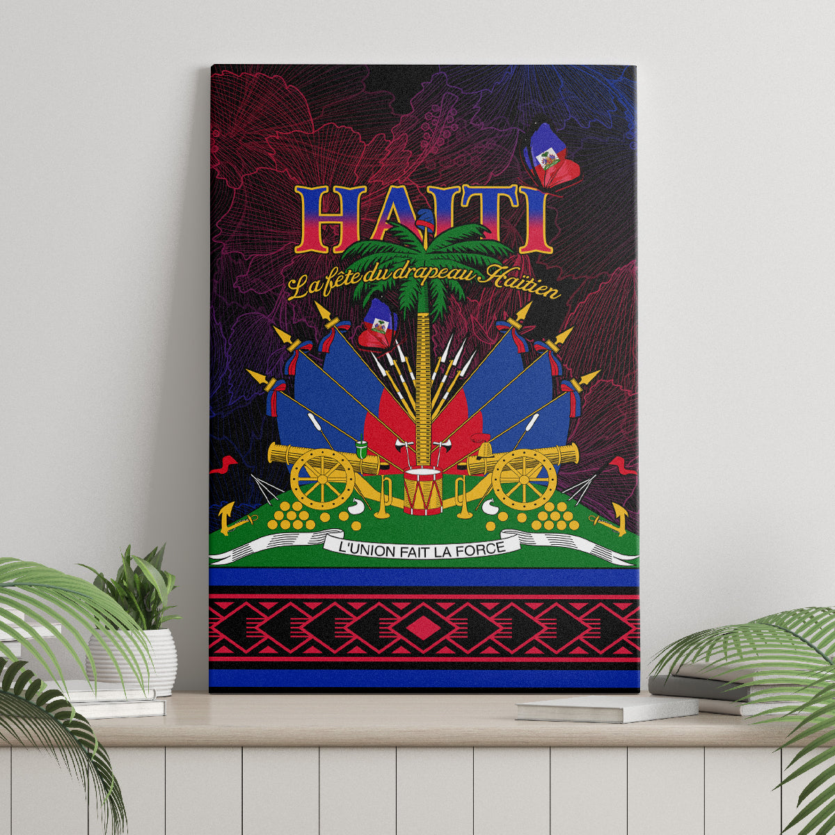 Framed Haiti flag day canvas wall art featuring colorful cannons, shield, and text