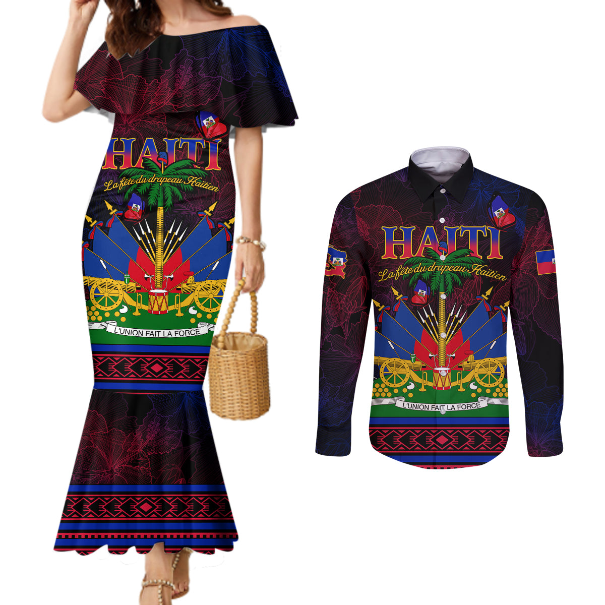 Haitian Flag Day Couples Matching Mermaid Dress and Long Sleeve Button Shirt La fete du drapeau Haitien