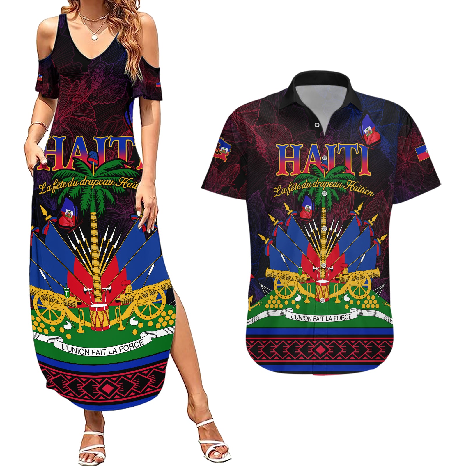 Haitian Flag Day Couples Matching Summer Maxi Dress and Hawaiian Shirt La fete du drapeau Haitien - Wonder Print Shop