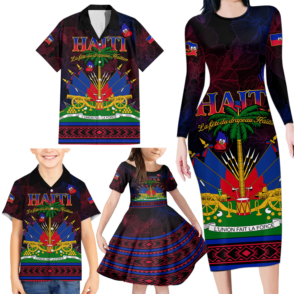 Haitian Flag Day Family Matching Long Sleeve Bodycon Dress and Hawaiian Shirt La fete du drapeau Haitien - Wonder Print Shop