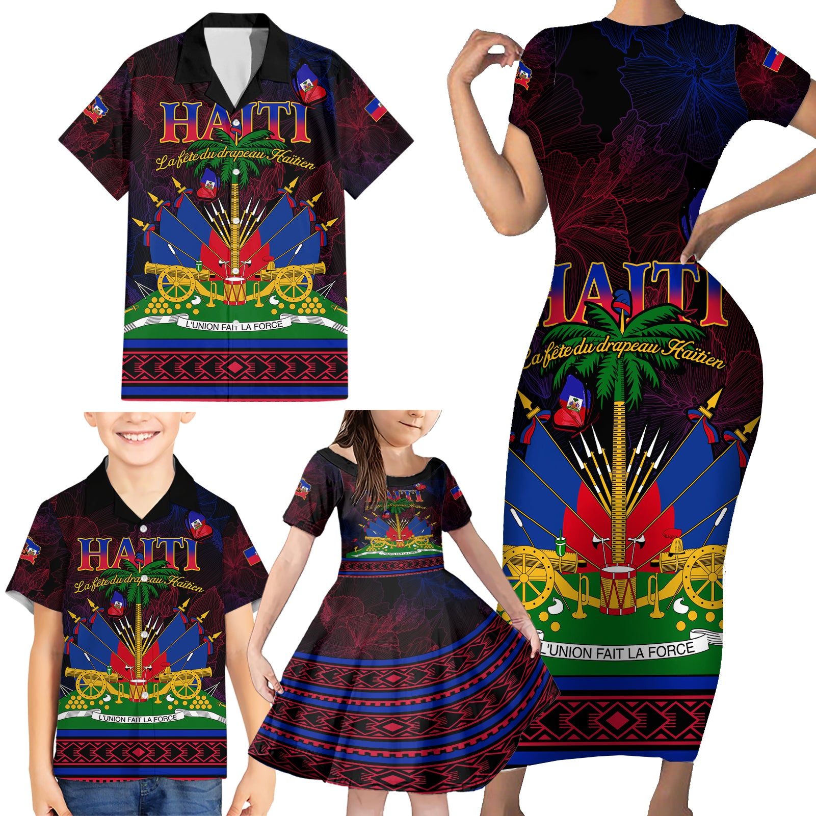 Haitian Flag Day Family Matching Short Sleeve Bodycon Dress and Hawaiian Shirt La fete du drapeau Haitien - Wonder Print Shop