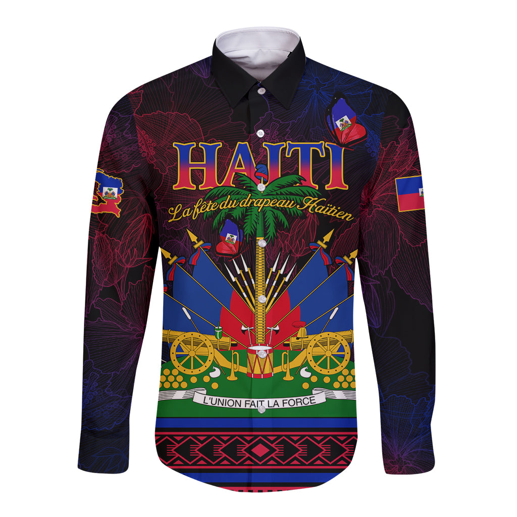Unisex long-sleeve button-up shirt with colorful Haitian emblem and text on dark fabric