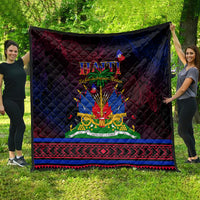 Haitian Flag Day quilt with central Haiti graphic and patterned red/blue border, dark base.