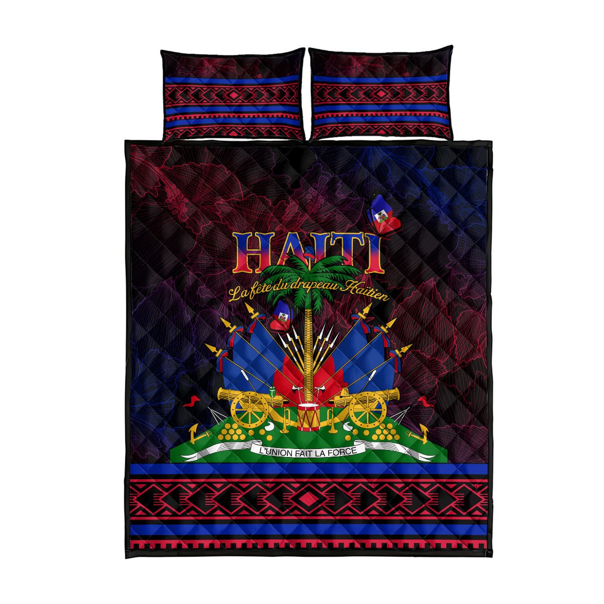 Haitian flag quilt bed set with two pillow covers; black quilt featuring central Haitian emblem
