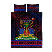 Haitian flag quilt bed set with two pillow covers; black quilt featuring central Haitian emblem