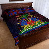 Haitian flag quilt bed set with two pillow covers; black quilt with Haitian emblem and tricolor stripes