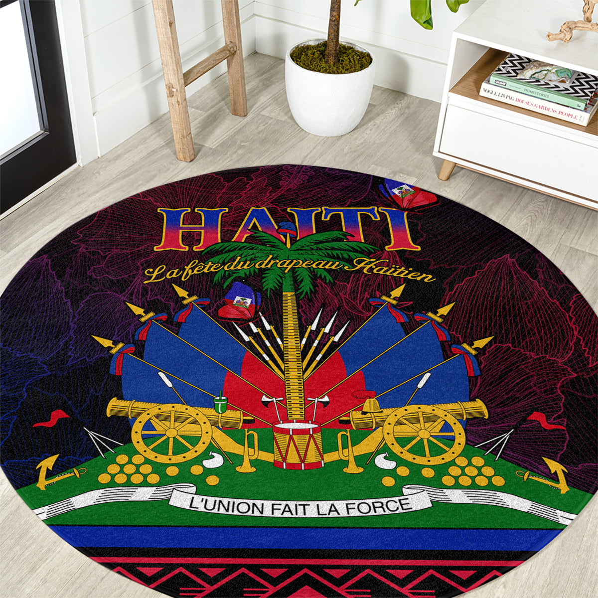 Round Haitian flag carpet with cannon graphic and 'L'Union Fait La Force' banner