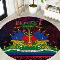 Round Haitian flag carpet with cannon graphic and 'L'Union Fait La Force' banner