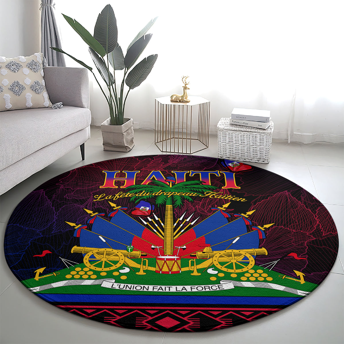 Round Haitian flag carpet with central cannon and 'Haiti' lettering across top