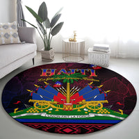 Round Haitian flag carpet with central cannon and 'Haiti' lettering across top