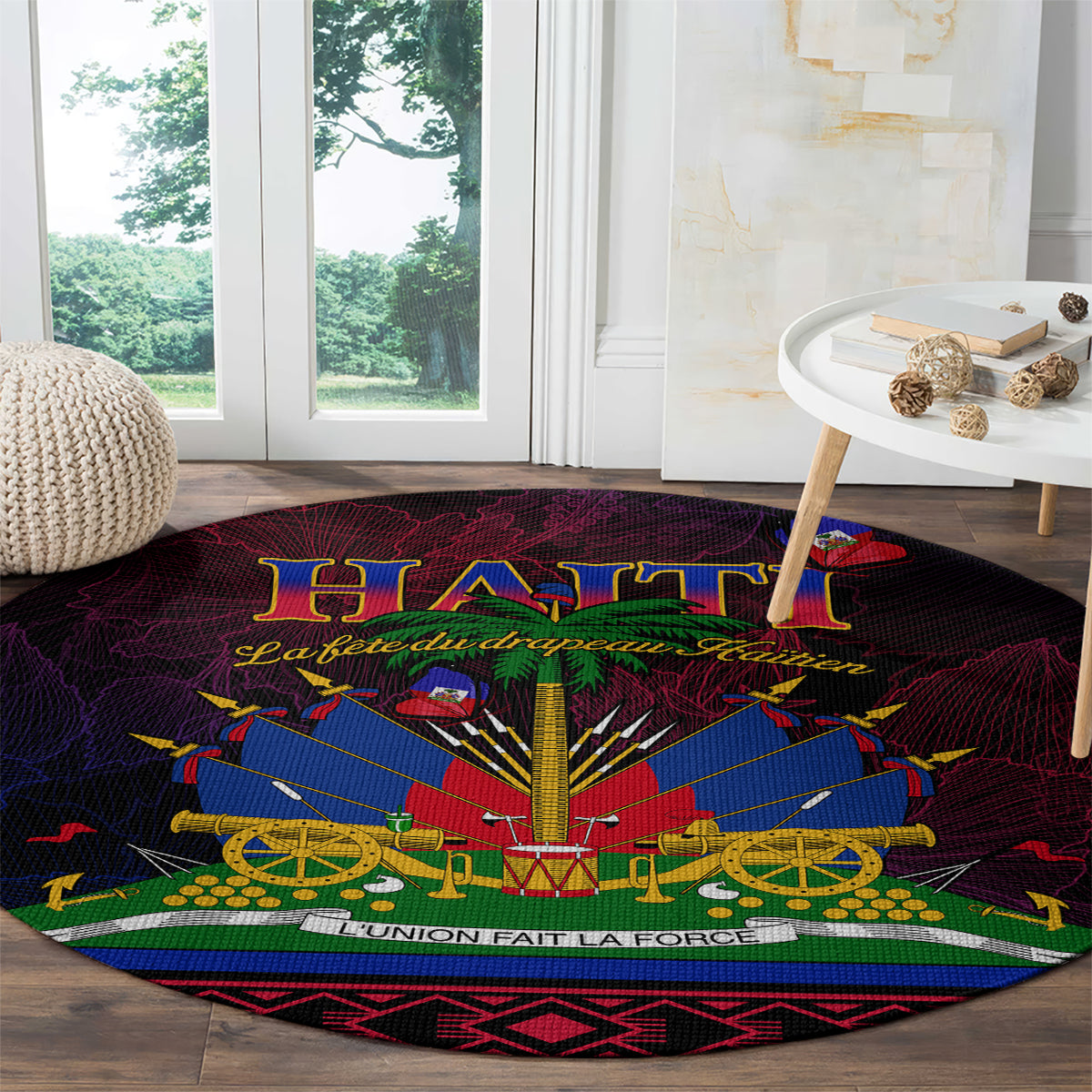Round Haitian flag carpet with cannon graphic and 'L'Union Fait La Force' at bottom