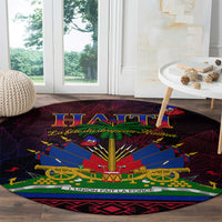 Round Haitian flag carpet with cannon graphic and 'L'Union Fait La Force' at bottom