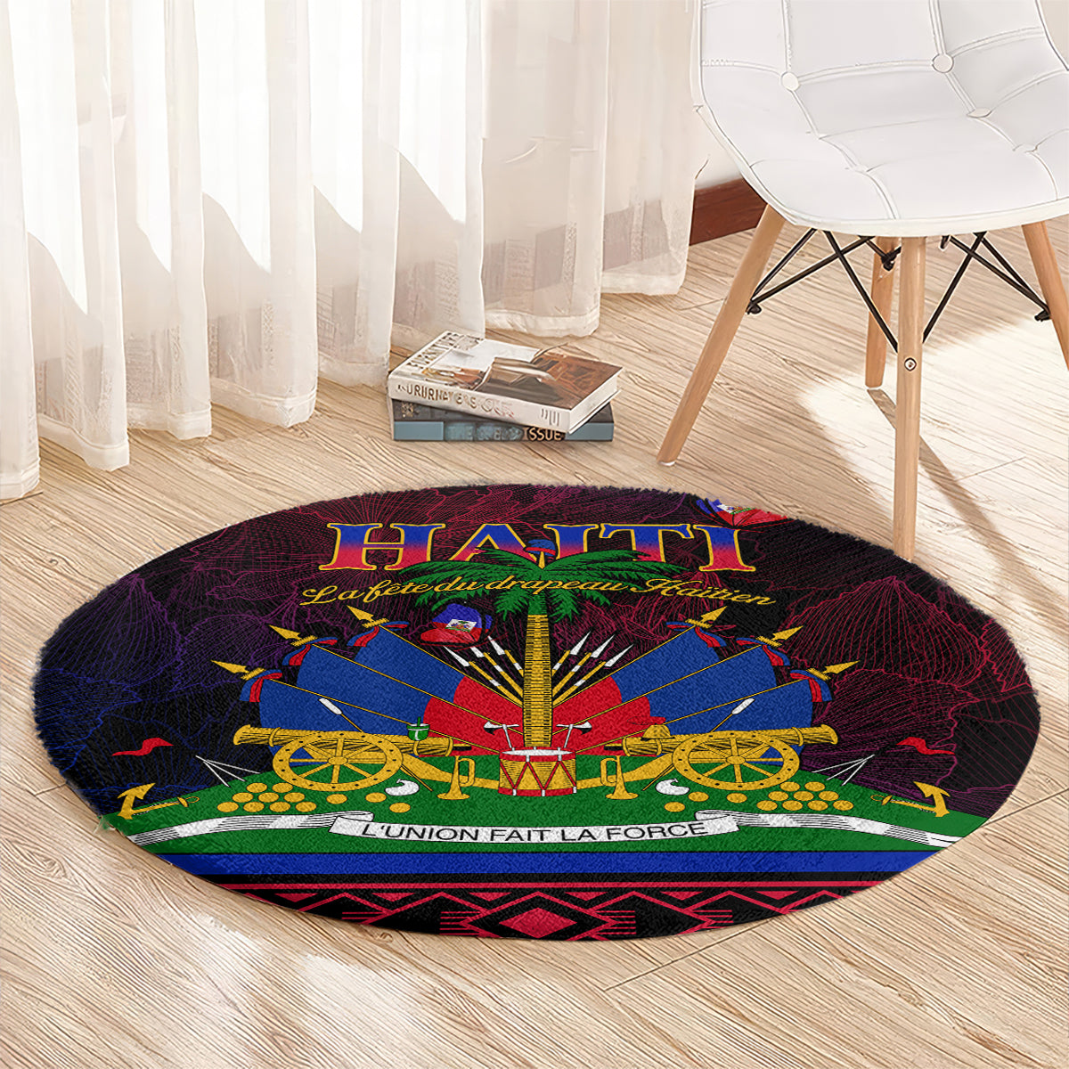 Round Haitian flag carpet with bold 'Haiti' text and cannon illustration in center