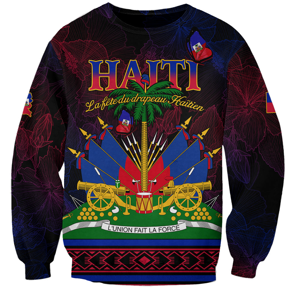 Unisex black sweatshirt with Haiti front graphic, flags, rifles and fireworks