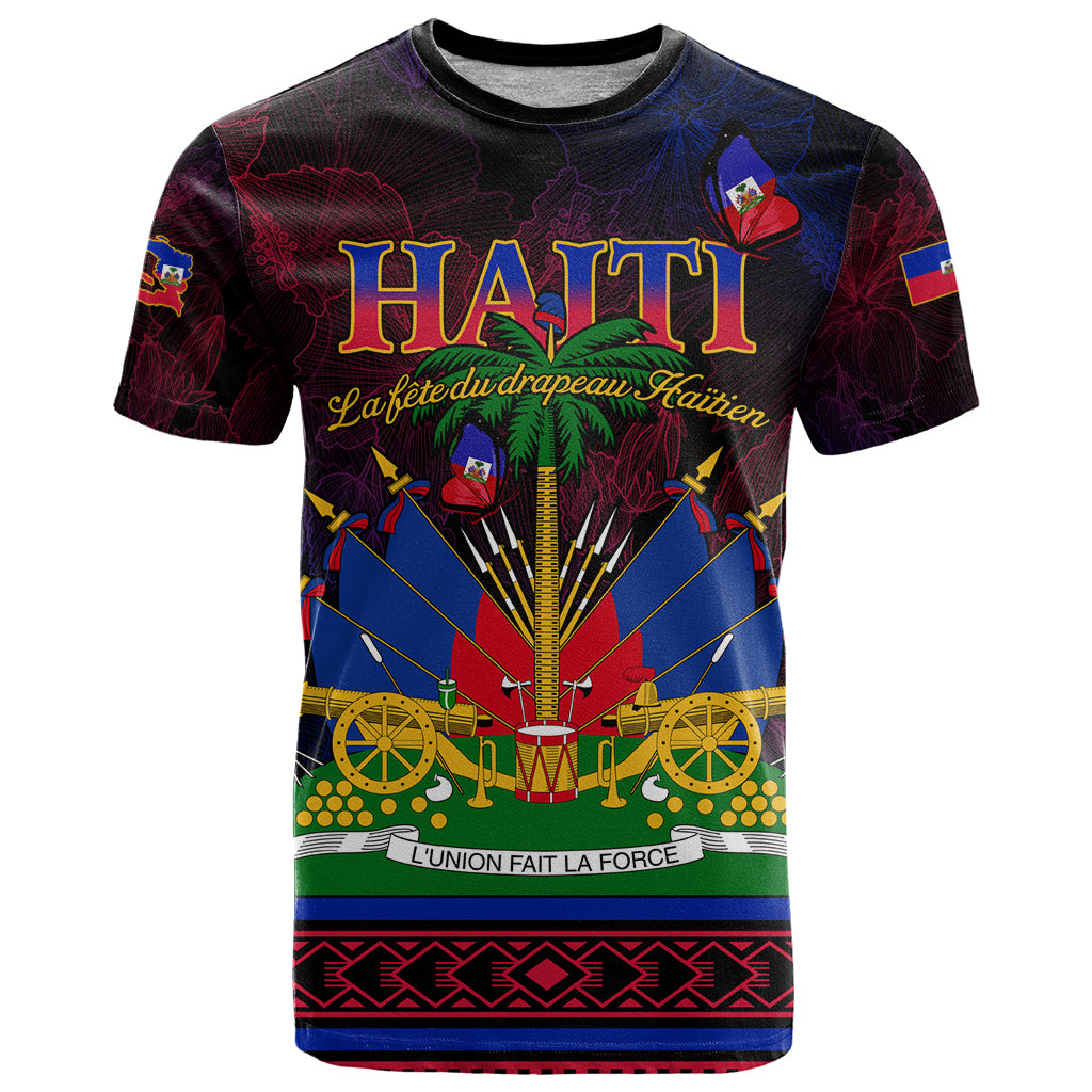Haitian flag day T-shirt, black with large Haiti graphic and patriotic text front