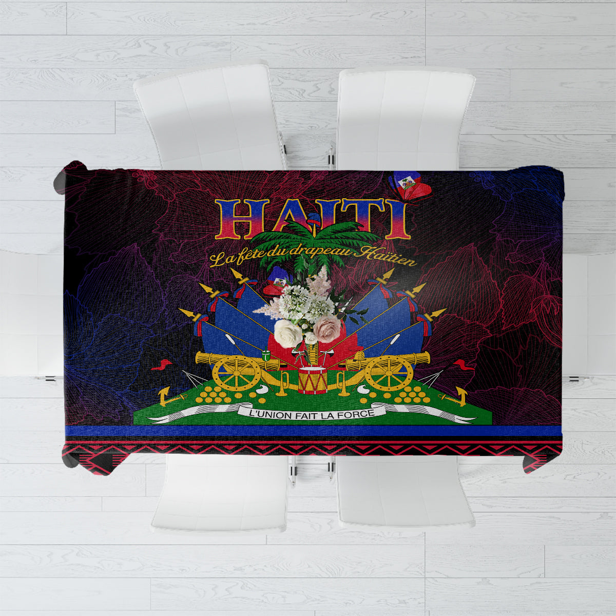 Haitian flag day tablecloth with central Haiti emblem and blue red border
