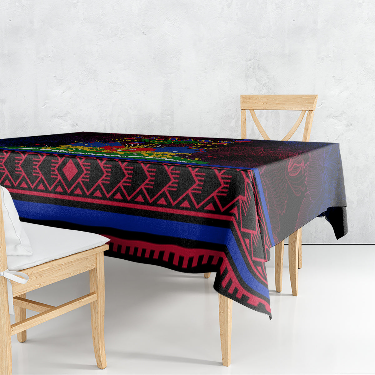 Haitian flag day tablecloth draped on table with geometric black blue red stripes