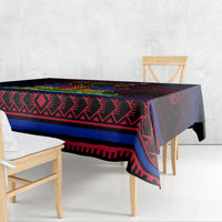 Haitian flag day tablecloth draped on table with geometric black blue red stripes