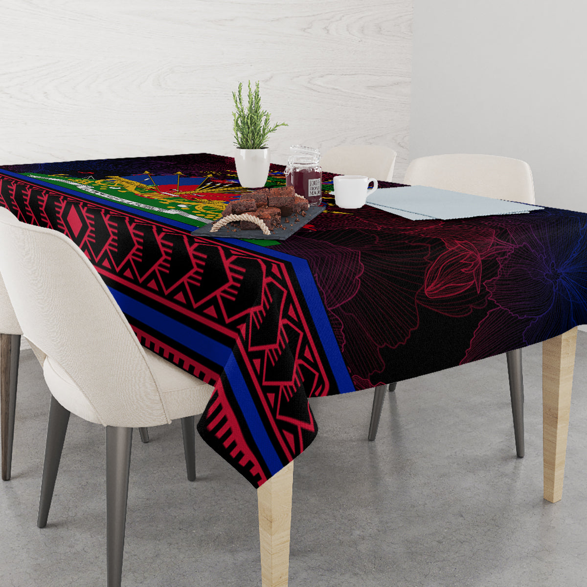Haitian flag day tablecloth corner with geometric border in red blue and black