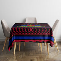 Haitian flag day tablecloth on table with red navy and black Aztec-style border