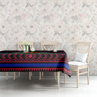 Haitian flag day tablecloth on long table with patterned red blue border