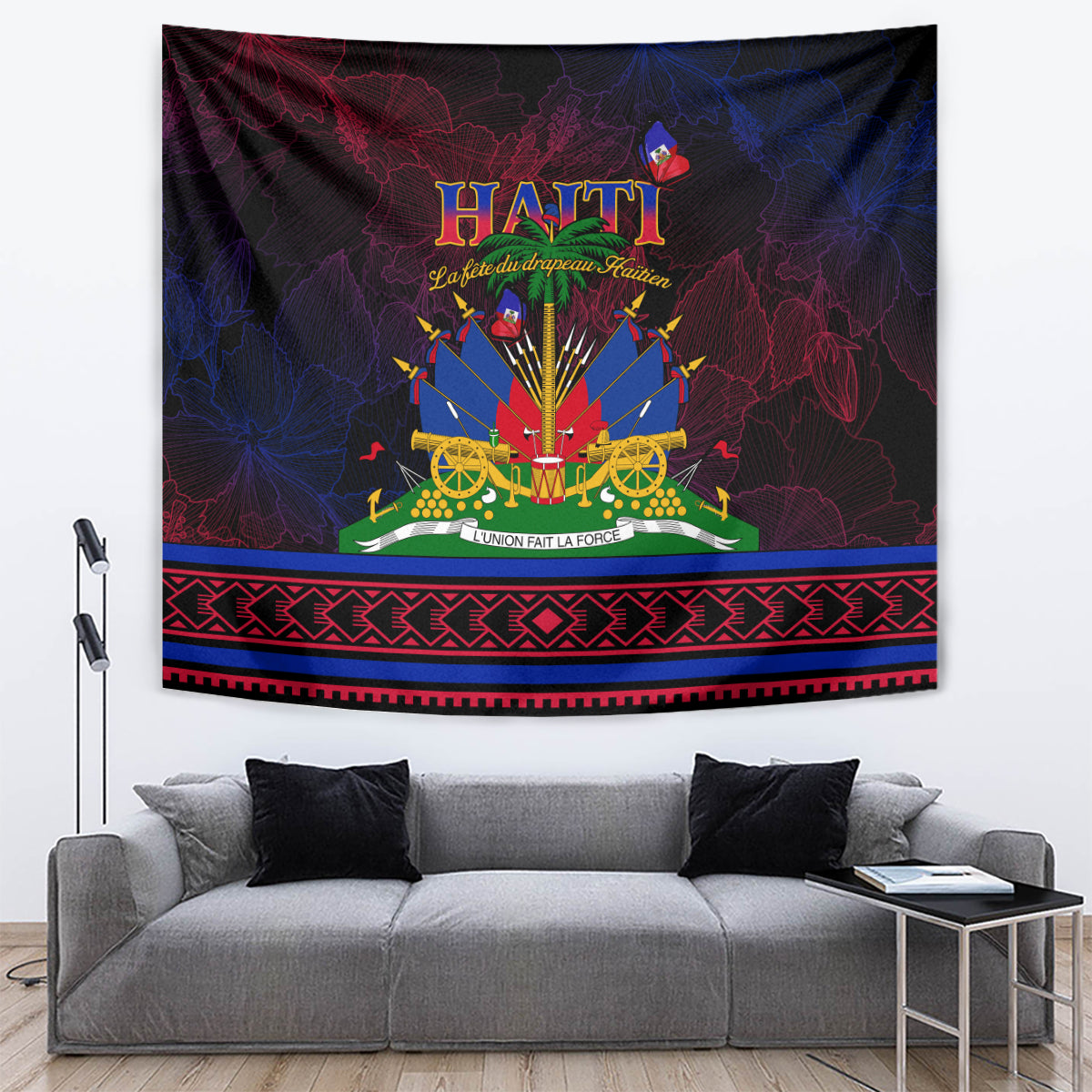 Haitian flag day tapestry with Haiti crest, black base, blue/red background, green/yellow details