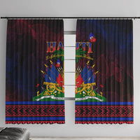 Haitian flag day window curtains with two dark panels and bold emblem and text design