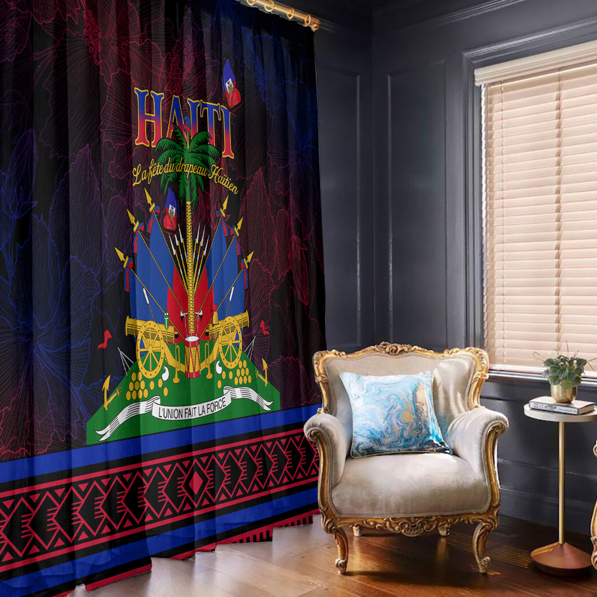 Haitian flag day window curtains in dark red and blue with Haitian emblem artwork