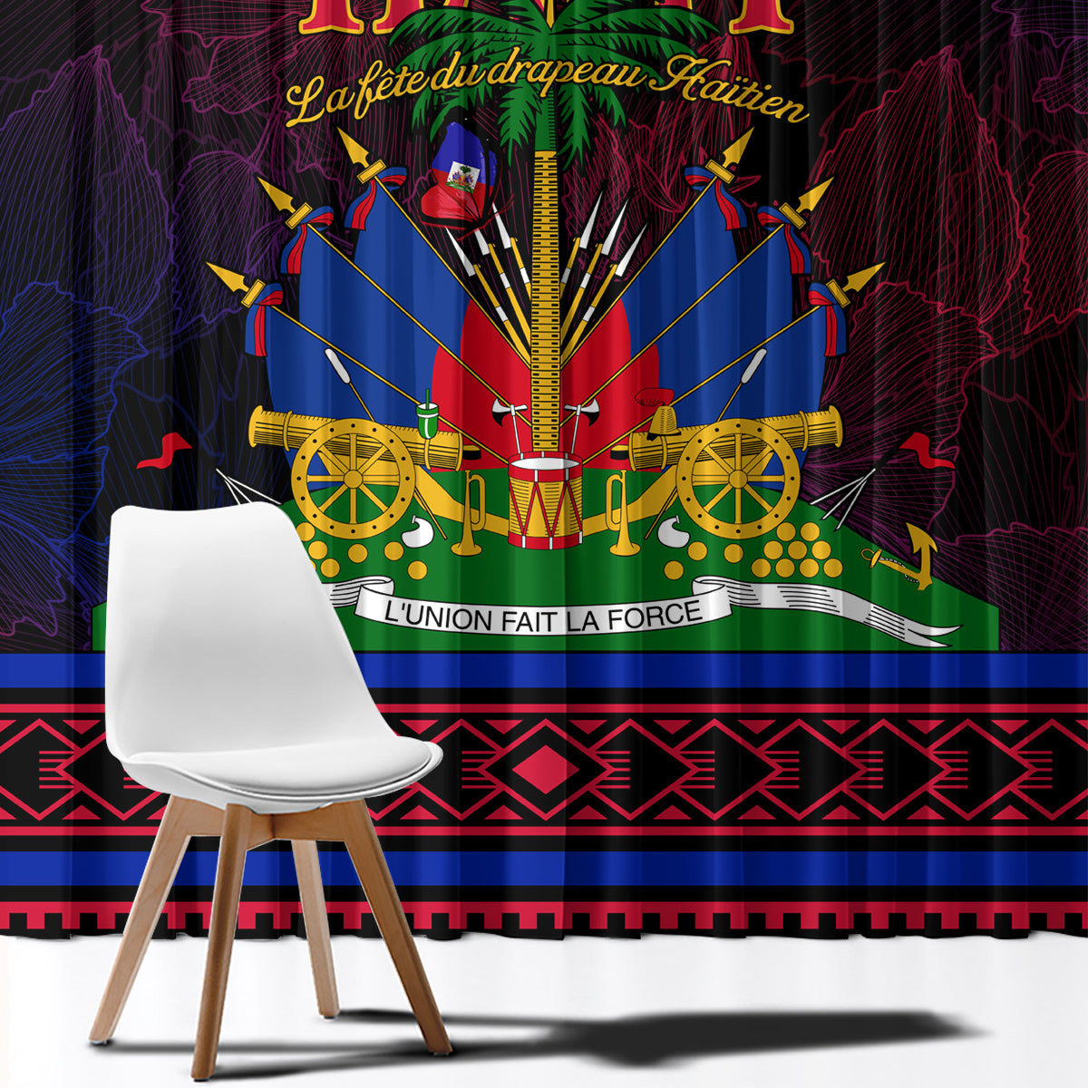 Haitian flag day window curtains with large emblem, gold detailing, and striped border