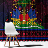 Haitian flag day window curtains with large emblem, gold detailing, and striped border