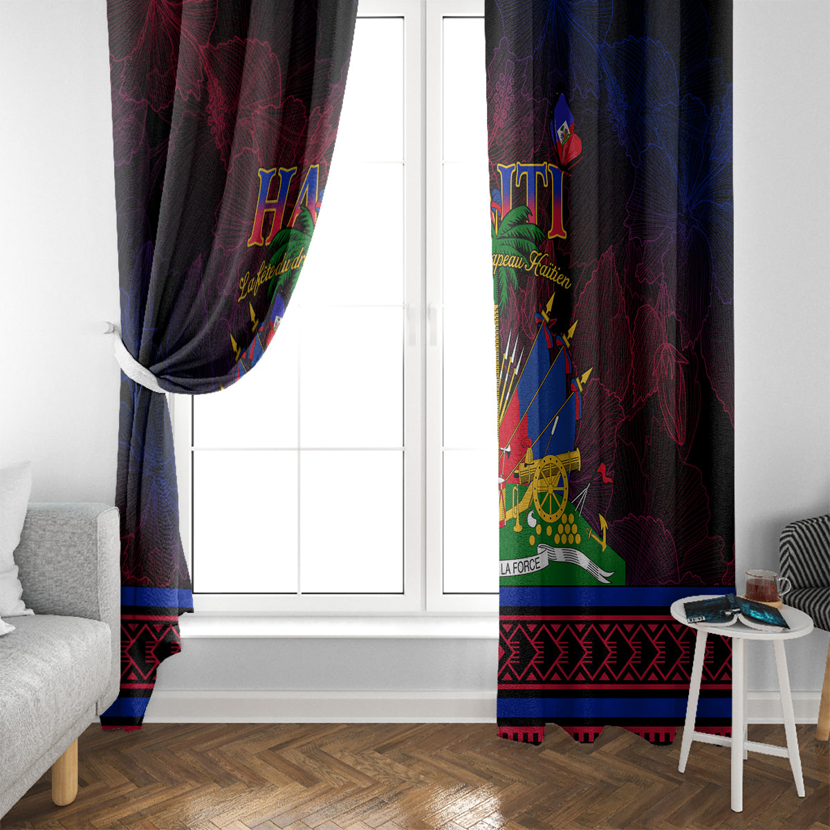 Haitian flag day window curtains framing a window, showing red and blue emblem center